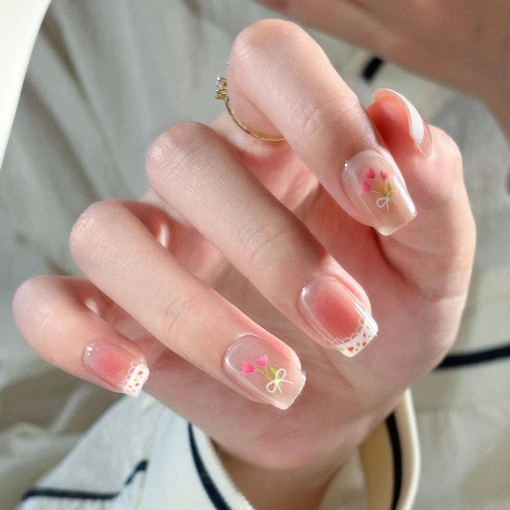 Press-On Nail Set Handcrafted Floral Long-Lasting Multiple Sizes