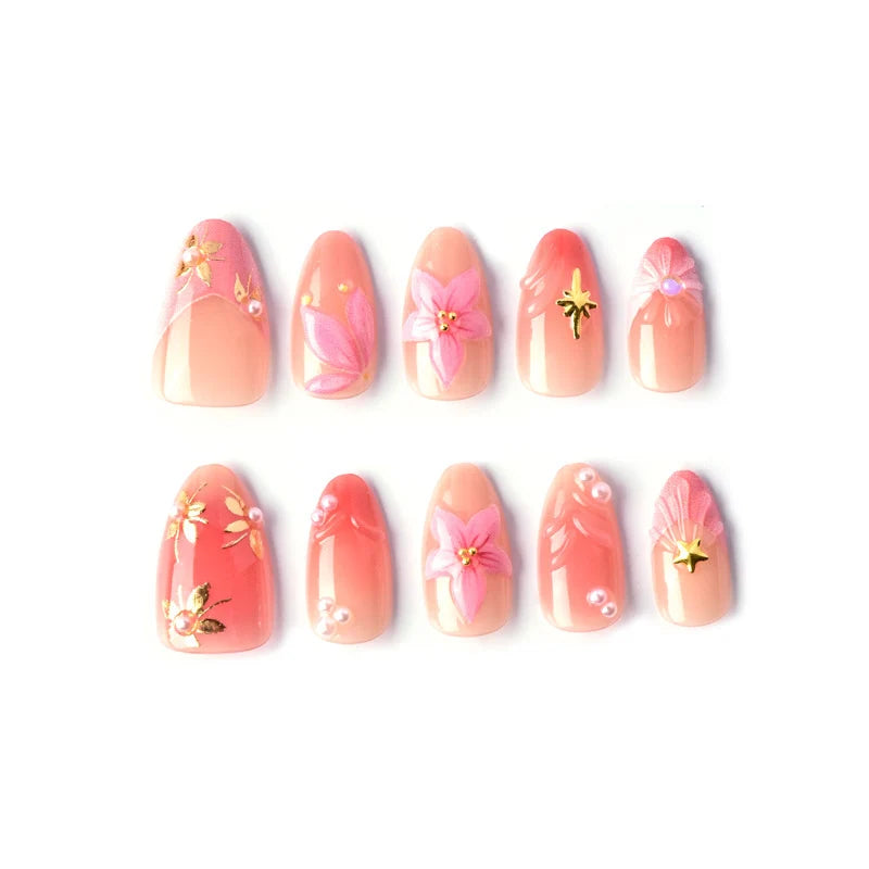 Press-On Nail Set Handcrafted Floral Reusable & Easy Application