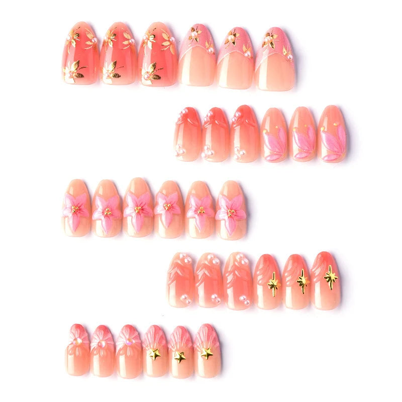Press-On Nail Set Handcrafted Floral Reusable & Easy Application