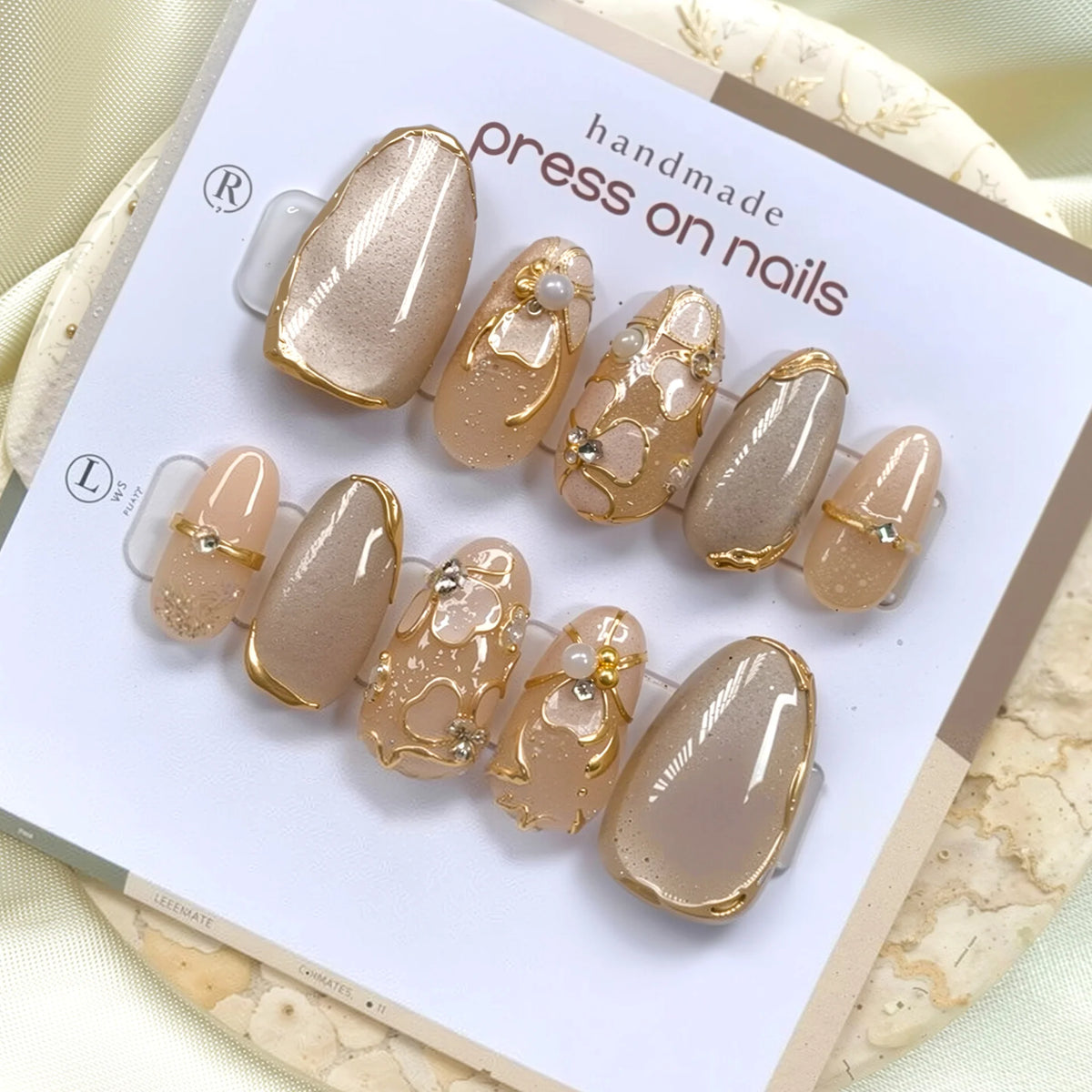Press-On Nail Set Handmade Pearl & Gold Accents