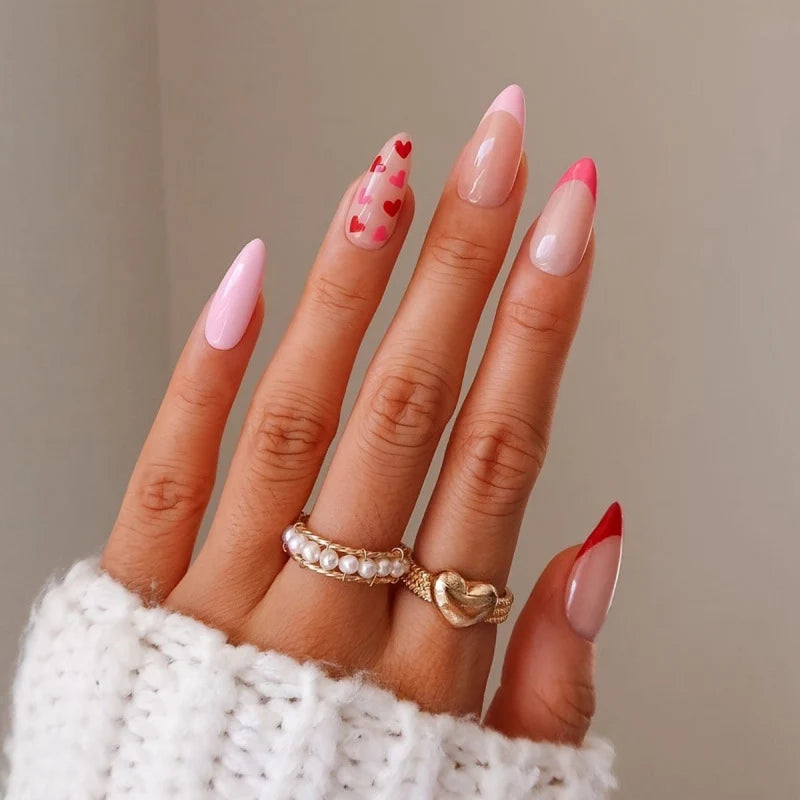 Press-On Nail Set Heart Accents Pre-Applied Adhesive
