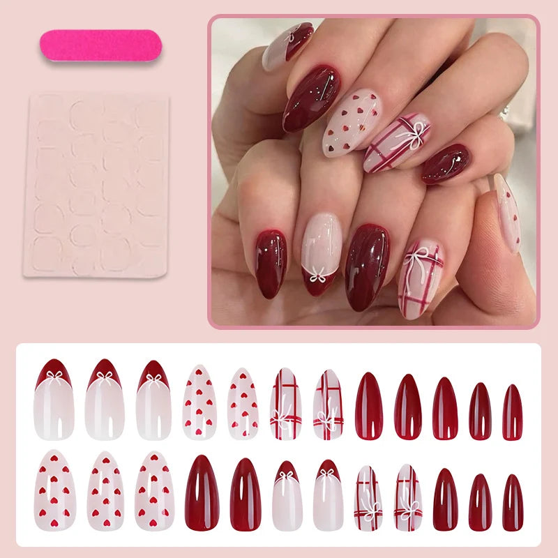 Press-On Nail Set Heart & Bow Art Long Wear