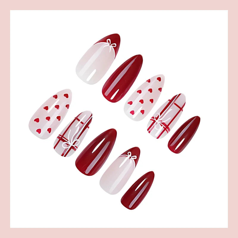 Press-On Nail Set Heart & Bow Art Long Wear