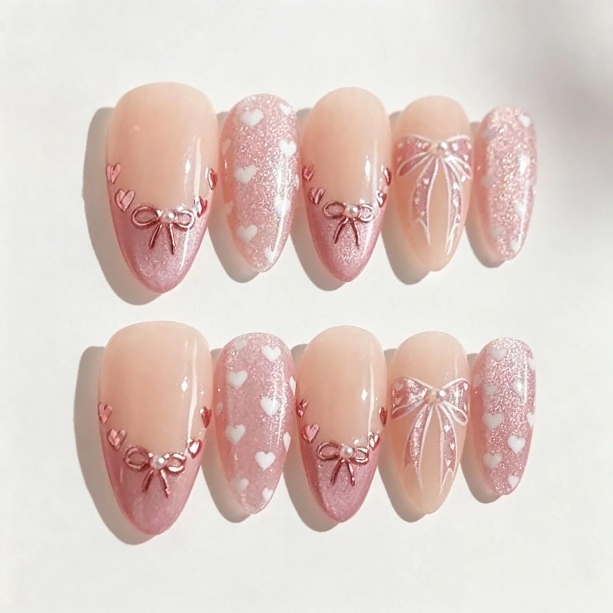 Press-On Nail Set Heart & Bow Designs Custom Fit