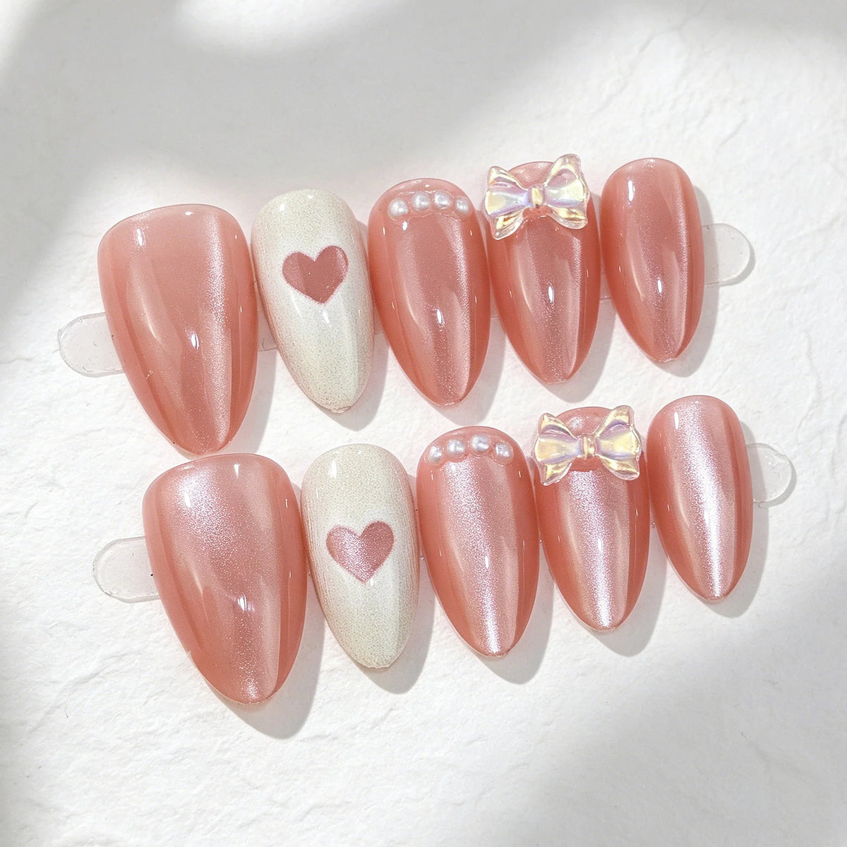 Press-On Nail Set Heart & Bow Embellishments Chip-Resistant
