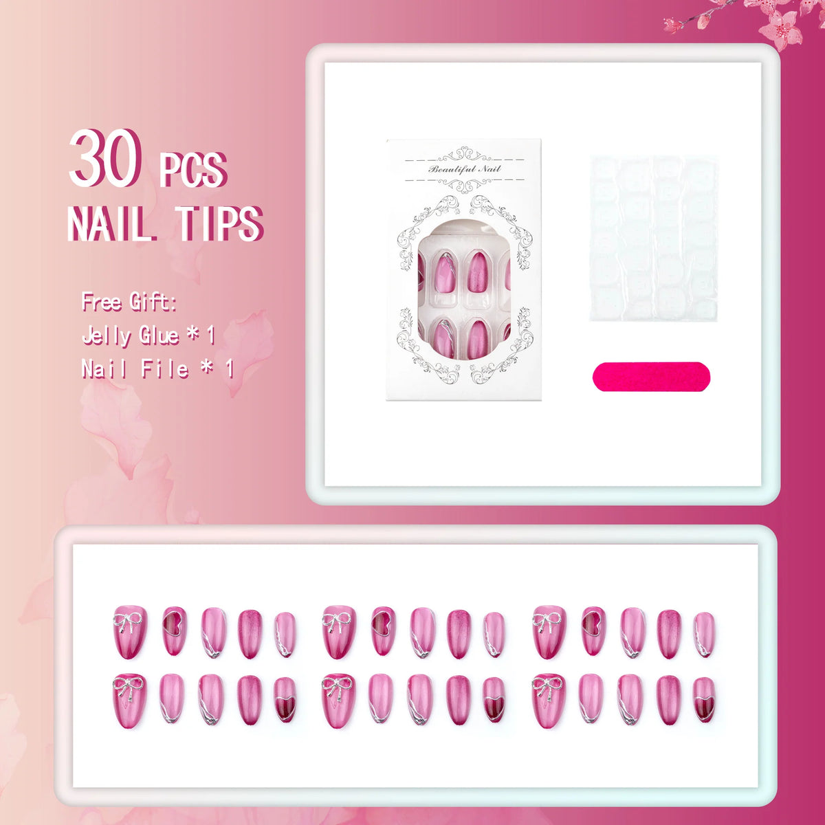 Press-On Nail Set Heart & Bow Glossy Finish