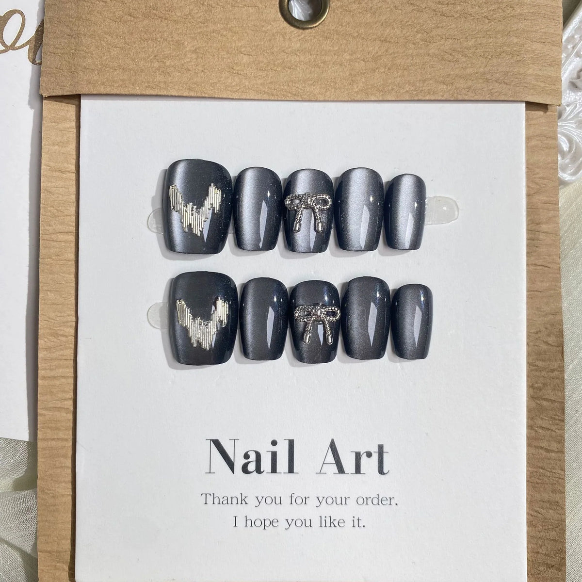 Press-On Nail Set Heart & Bow Glue-Free Long-Lasting