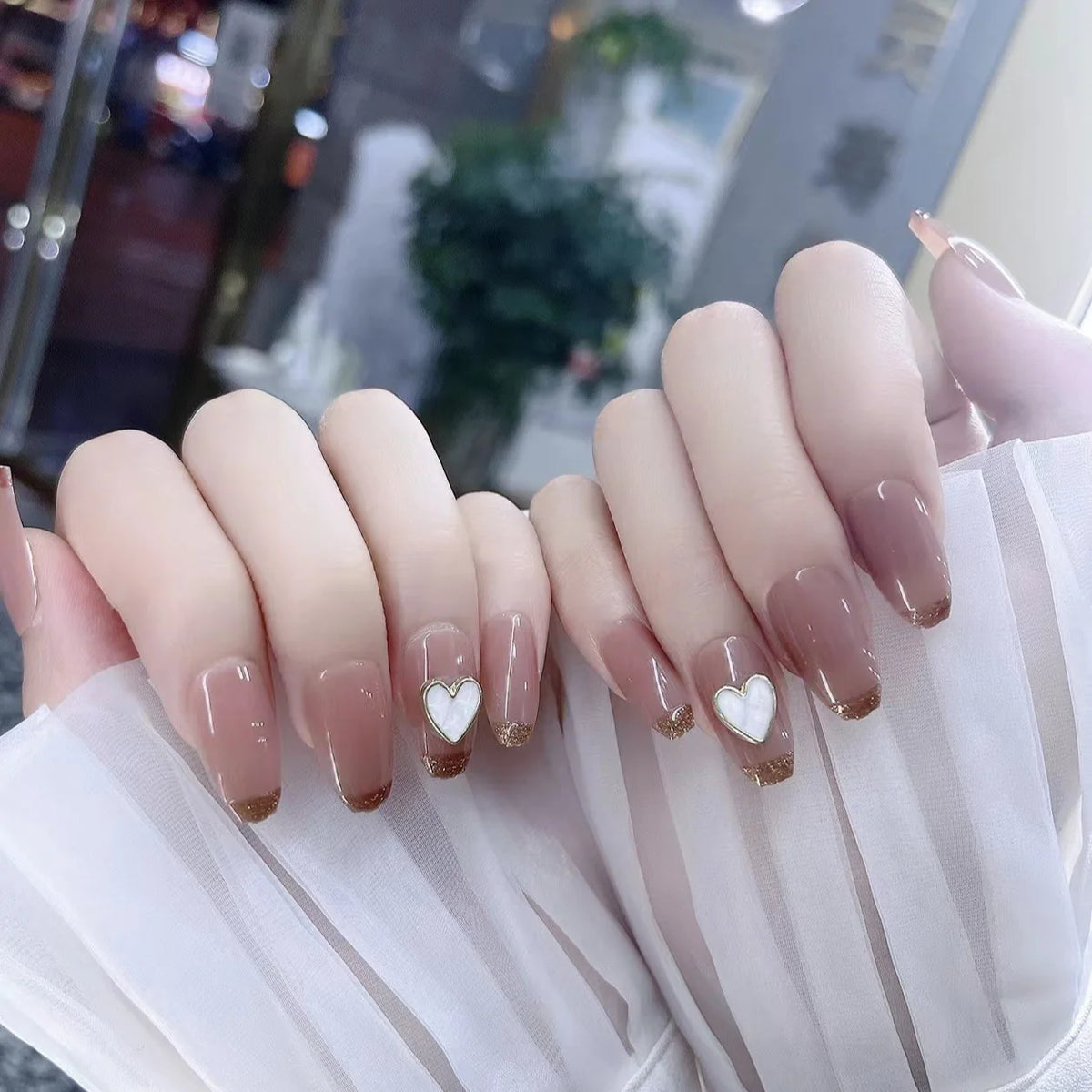 Press-On Nail Set Heart Design Nude Glue-On Long-Lasting