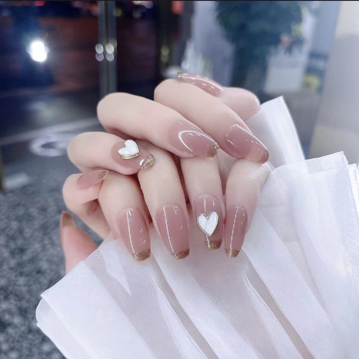 Press-On Nail Set Heart Design Nude Glue-On Long-Lasting