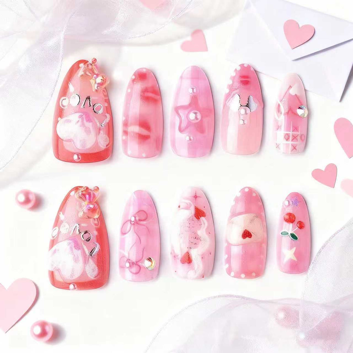 Press-On Nail Set Heart Designs Adhesive Backing & Assorted Sizes