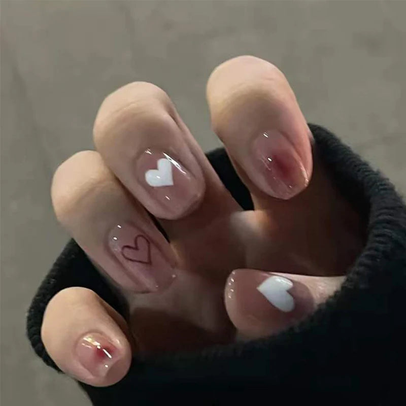 Press-On Nail Set Heart Embellished Glossy & Reusable