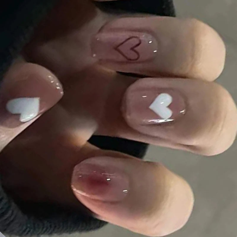 Press-On Nail Set Heart Embellished Glossy & Reusable