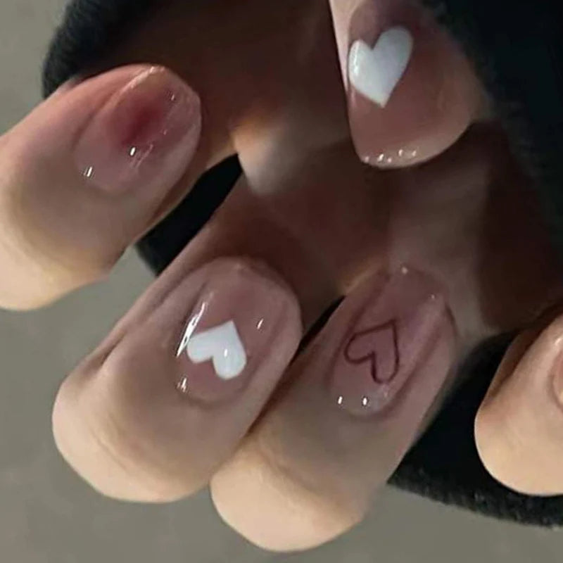 Press-On Nail Set Heart Embellished Glossy & Reusable