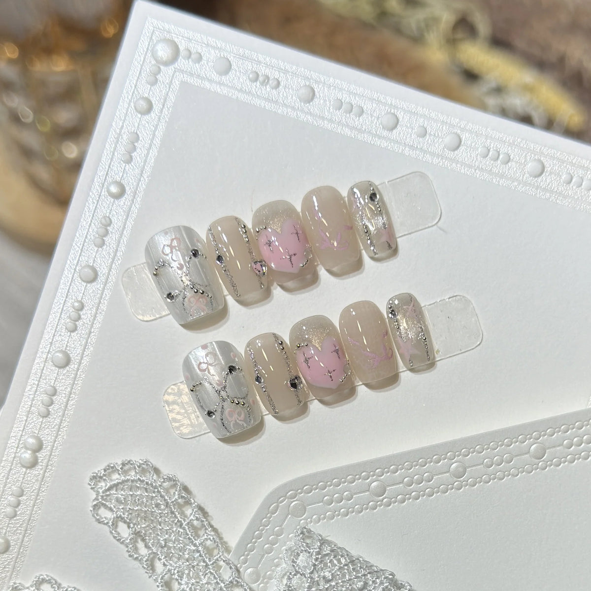Press-On Nail Set Heart-Embellished Self-Adhesive & Durable