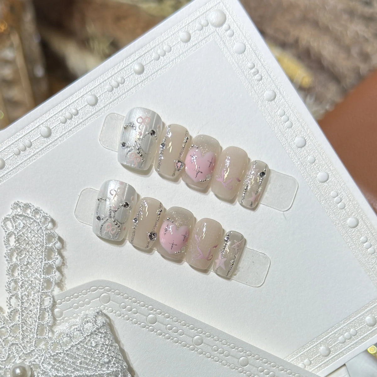 Press-On Nail Set Heart-Embellished Self-Adhesive & Durable