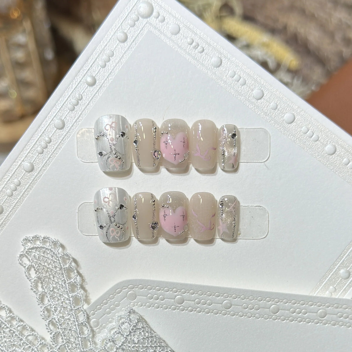 Press-On Nail Set Heart-Embellished Self-Adhesive & Durable