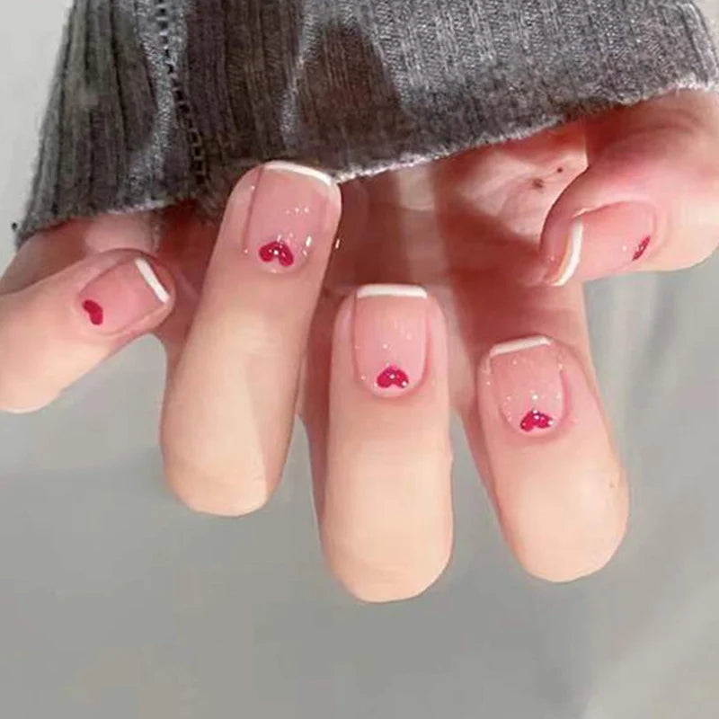 Press-On Nail Set Heart-Embossed Glossy No-Mess Adhesive