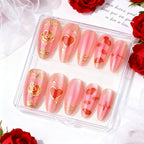 Press-On Nail Set Heart & Floral Gold Accents Reusable