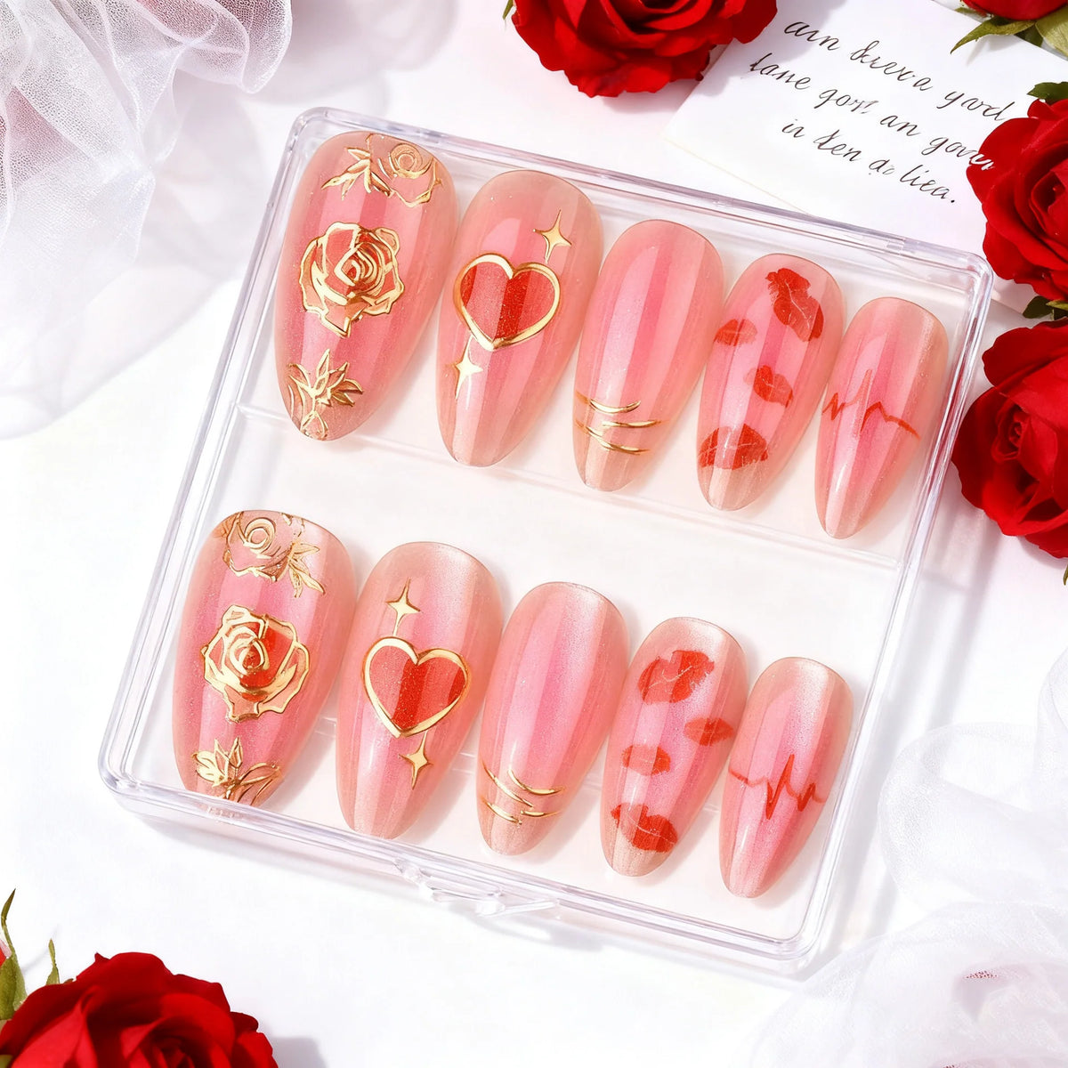 Press-On Nail Set Heart & Floral Gold Accents Reusable