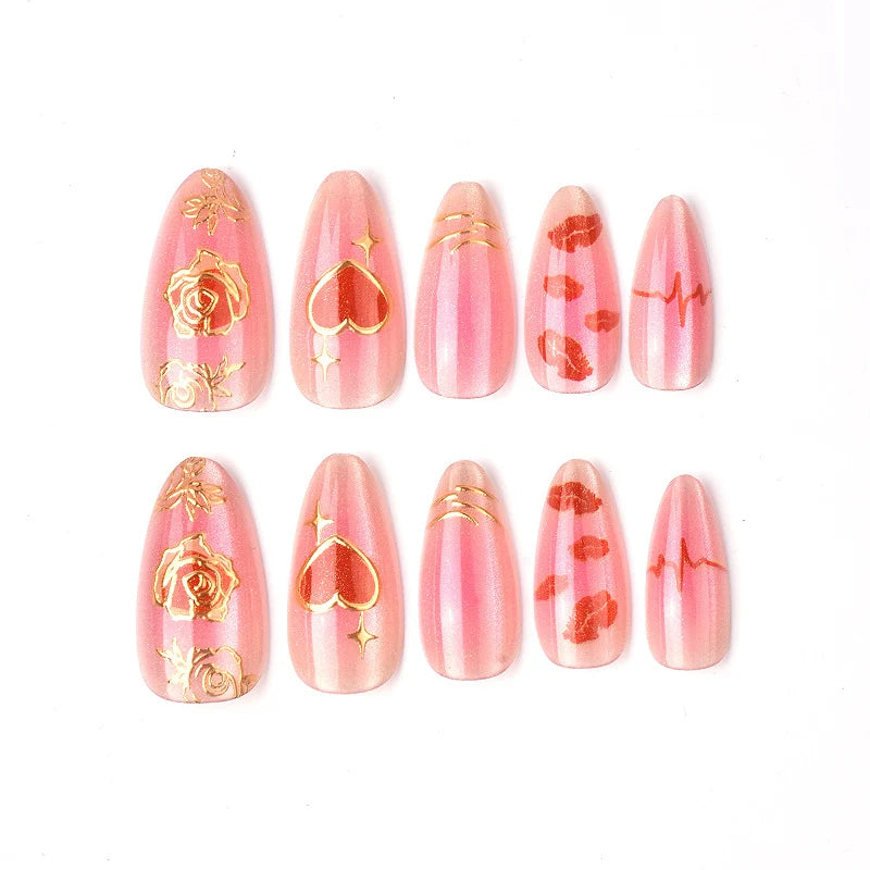 Press-On Nail Set Heart & Floral Gold Accents Reusable
