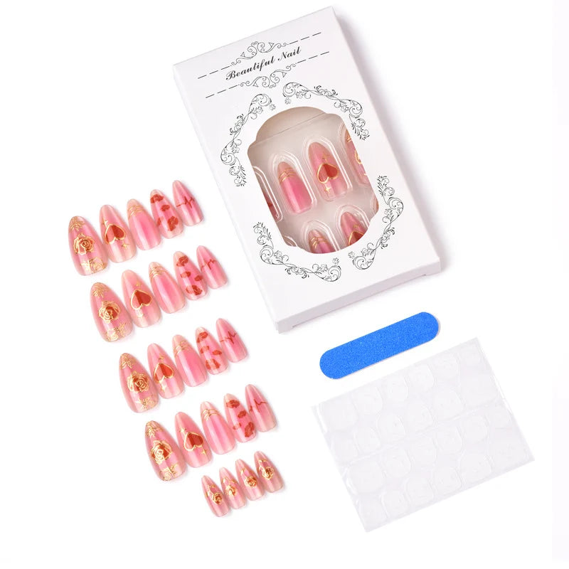 Press-On Nail Set Heart & Floral Gold Accents Reusable
