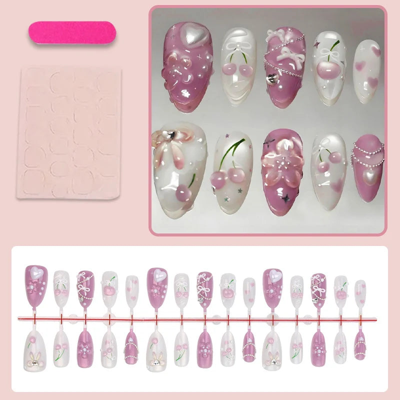 Press-On Nail Set Heart & Flower Designs Easy Application