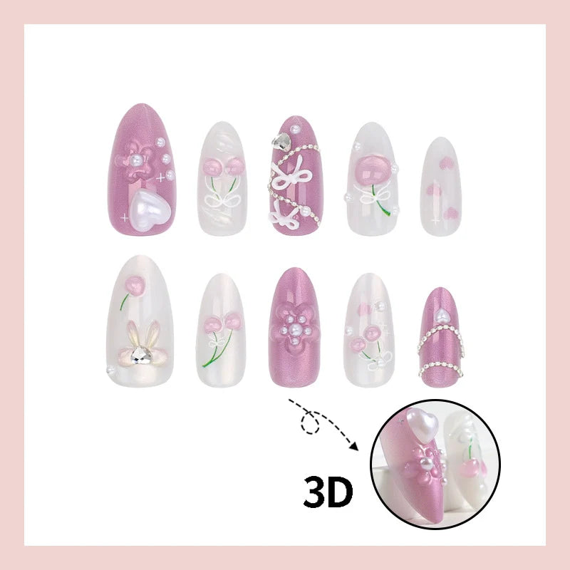 Press-On Nail Set Heart & Flower Designs Easy Application