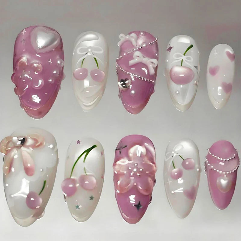 Press-On Nail Set Heart & Flower Designs Easy Application