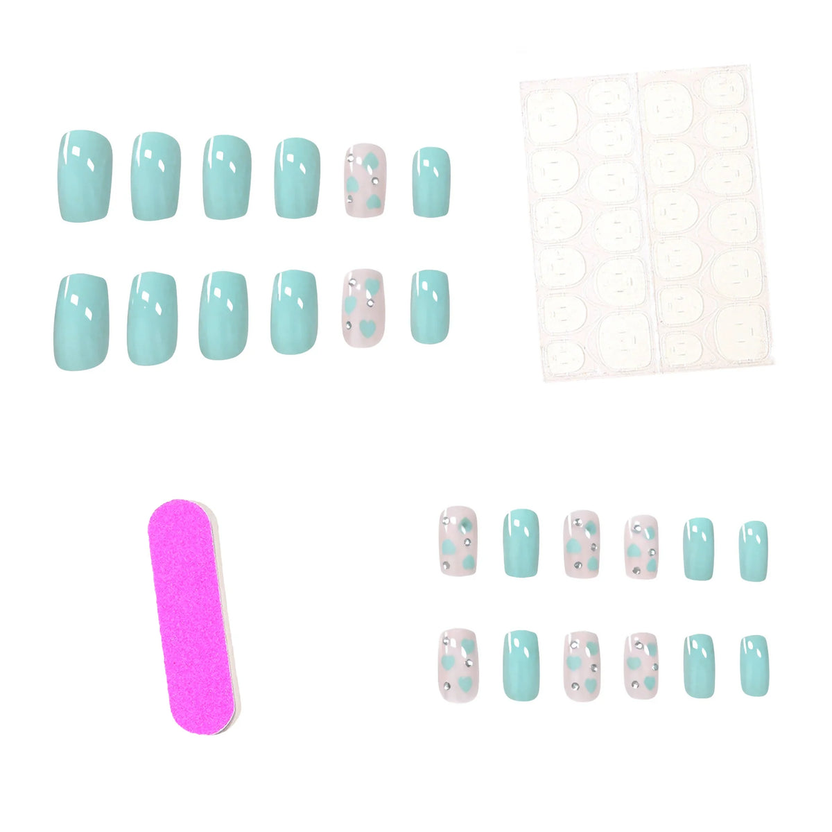 Press-On Nail Set Heart Motifs Sparkle Set of 24