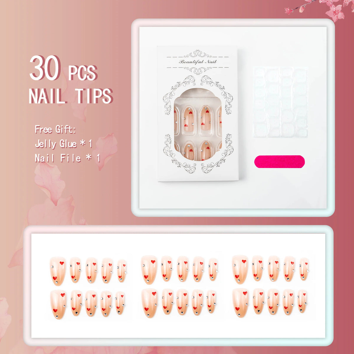 Press-On Nail Set Heart & Rhinestone Peel-And-Stick