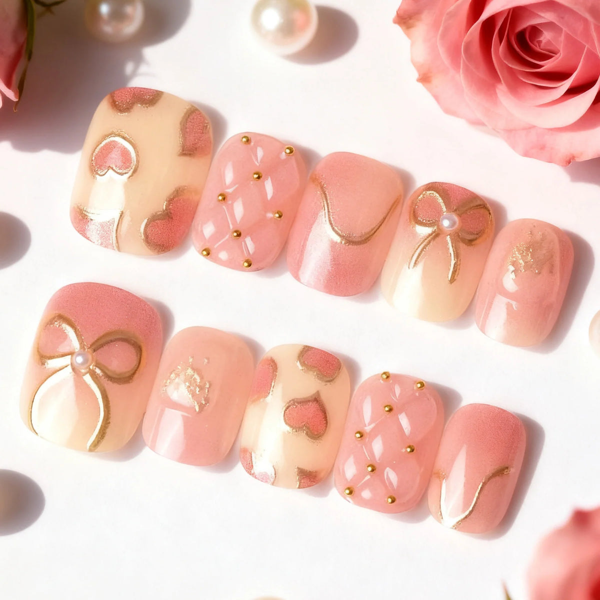 Press-On Nail Set Heart & Ribbon Reusable