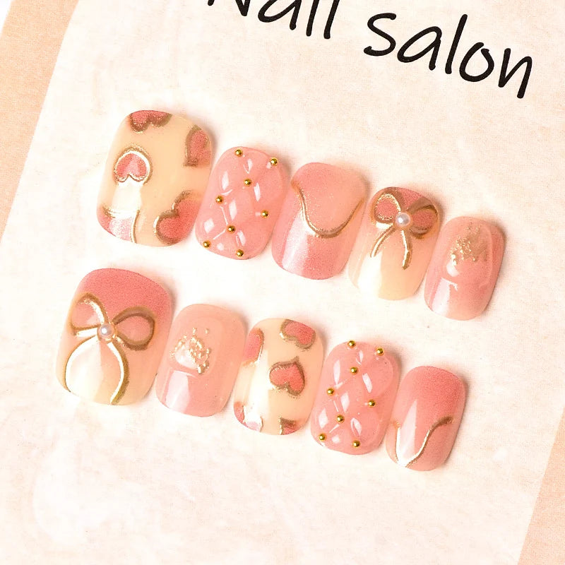 Press-On Nail Set Heart & Ribbon Reusable