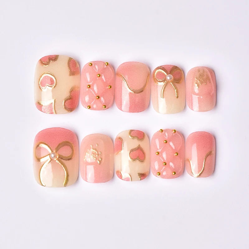 Press-On Nail Set Heart & Ribbon Reusable