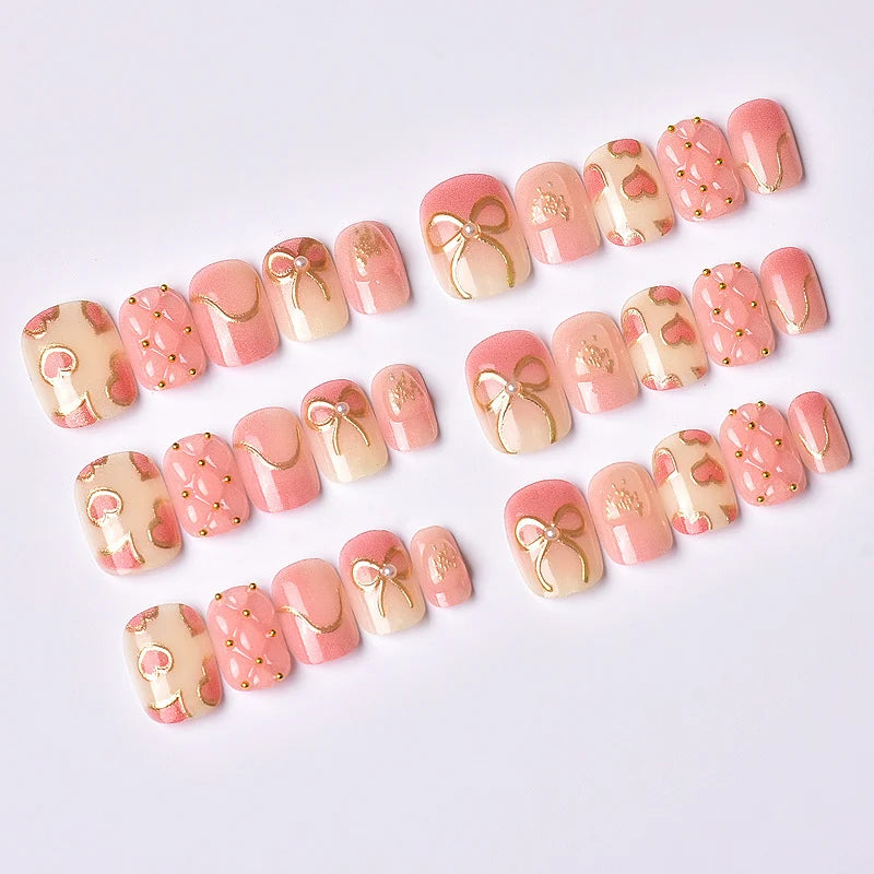 Press-On Nail Set Heart & Ribbon Reusable