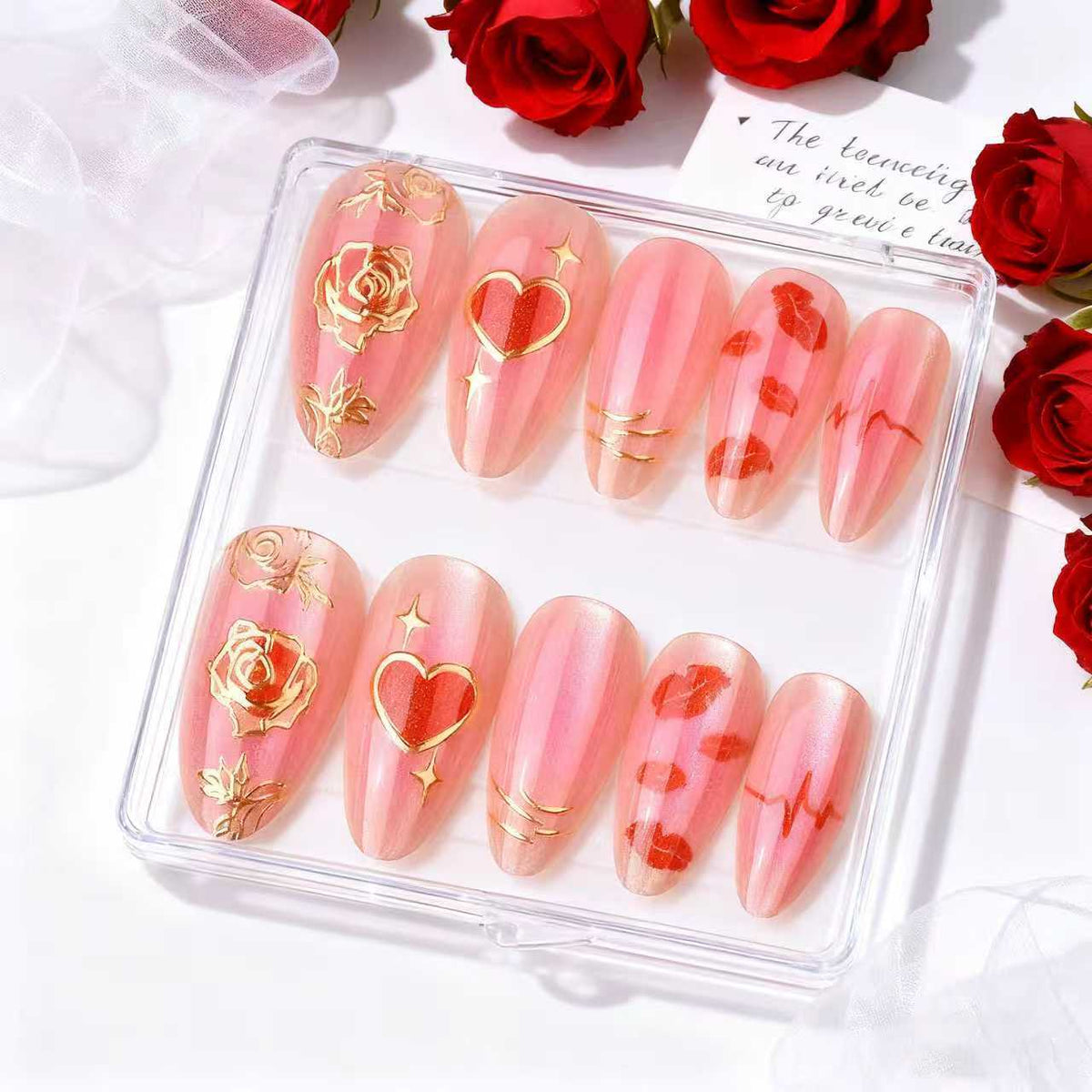 Press-On Nail Set Heart & Rose Gold Accents Peel-And-Stick