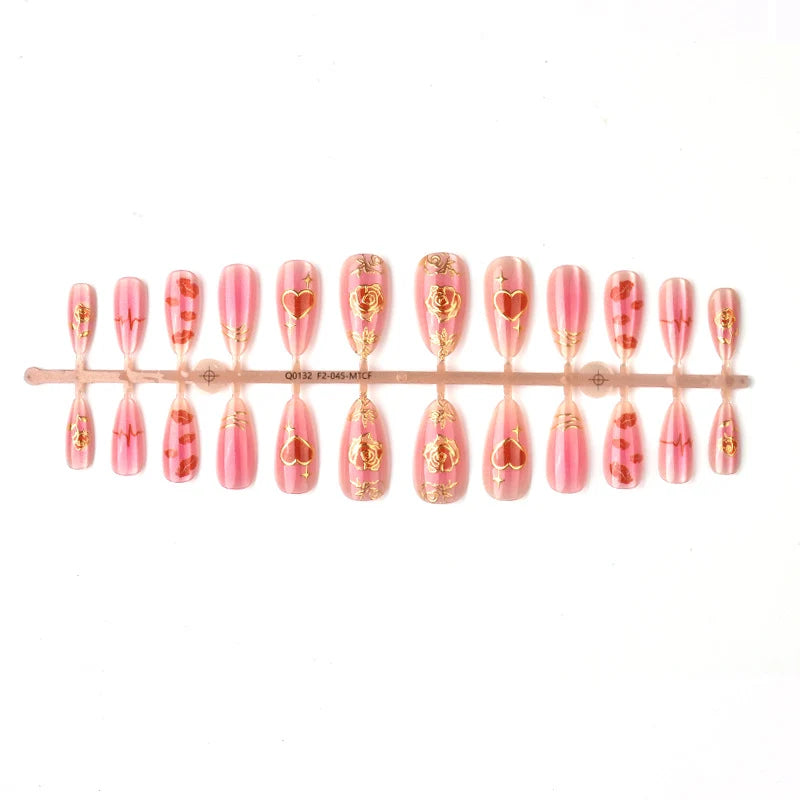 Press-On Nail Set Heart & Rose Gold Accents Peel-And-Stick
