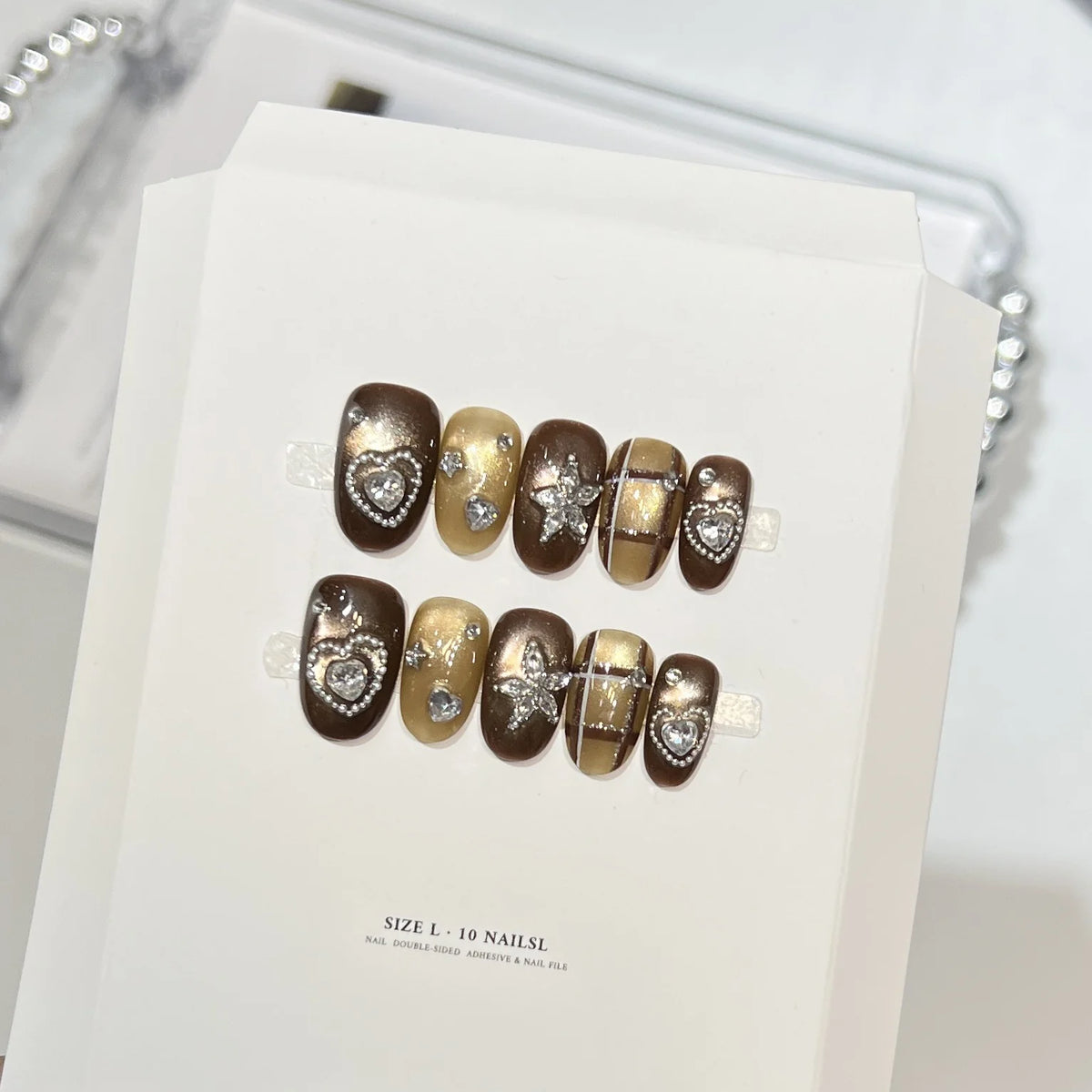 Press-On Nail Set Heart & Star Rhinestone Accents 10-Piece