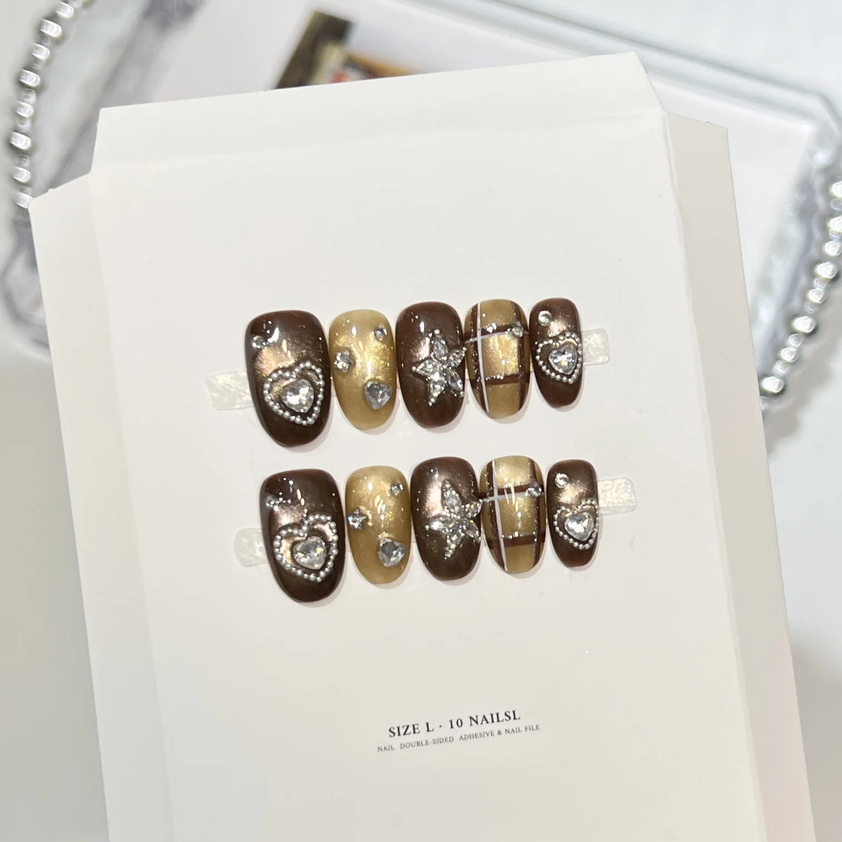 Press-On Nail Set Heart & Star Rhinestone Accents 10-Piece