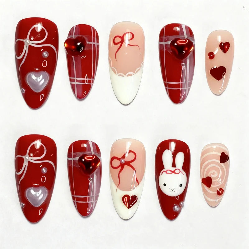 Press-On Nail Set Hearts & Ribbons Easy Application