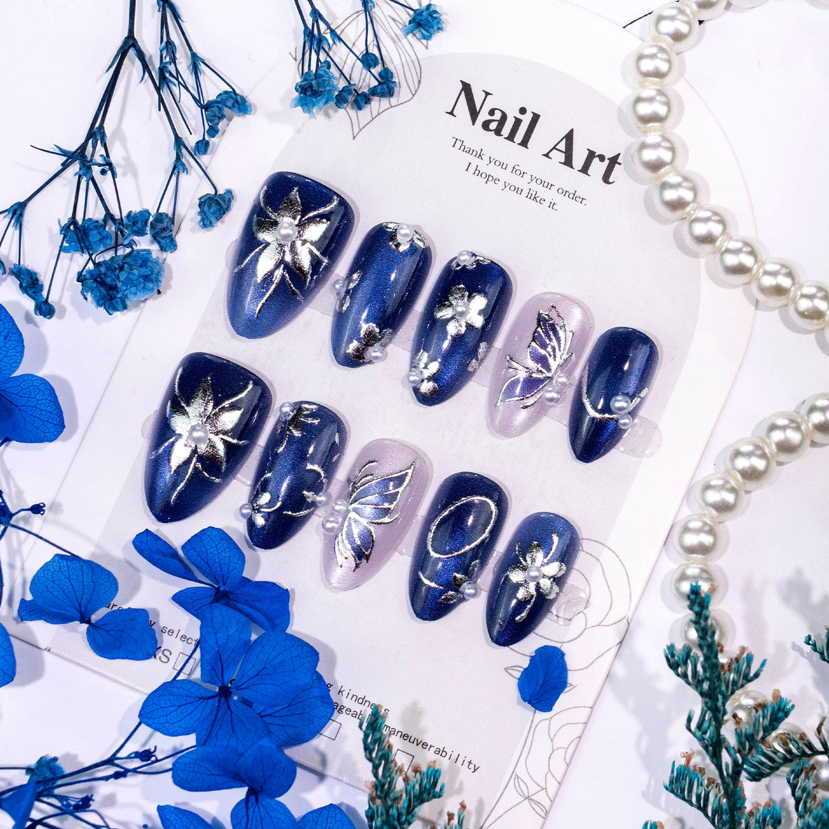 Press-On Nail Set Hinged Floral & Pearl Accents