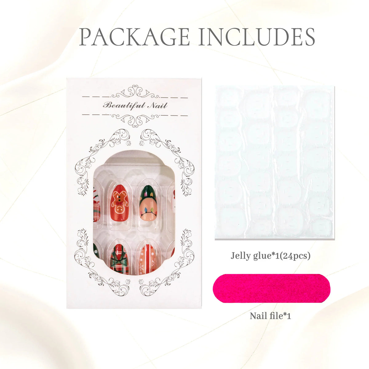 Press-On Nail Set Holiday Designs Includes Glue & File