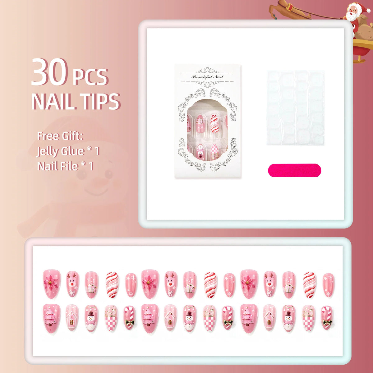 Press-On Nail Set Holiday Designs Reusable & Glossy