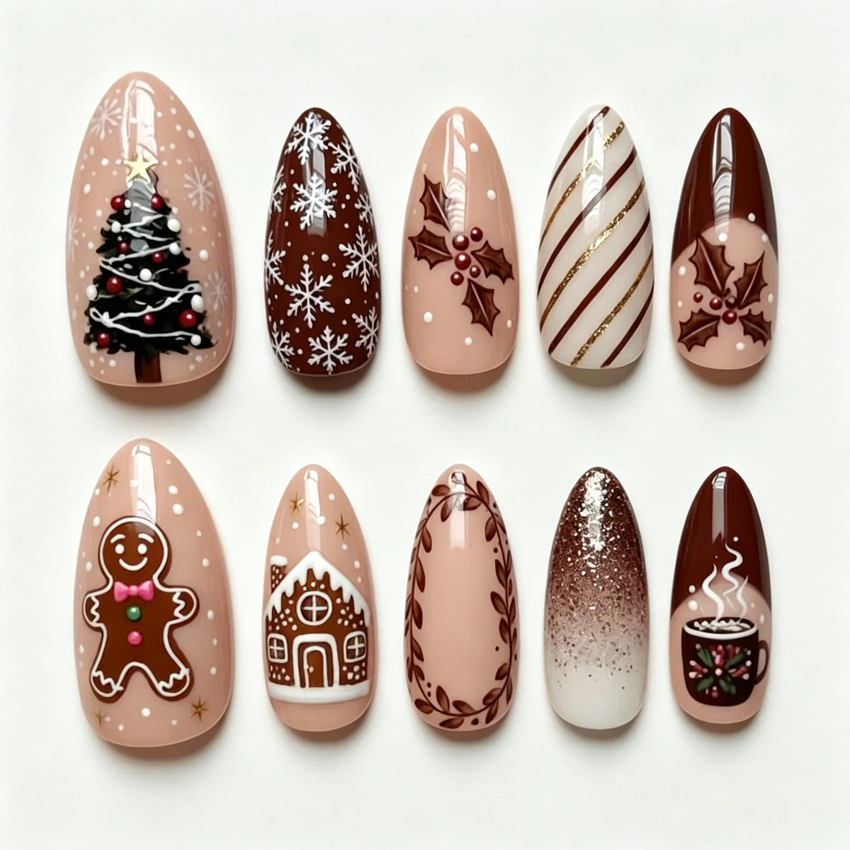 Press-On Nail Set Holiday Designs Silver Accents Multiple Sizes