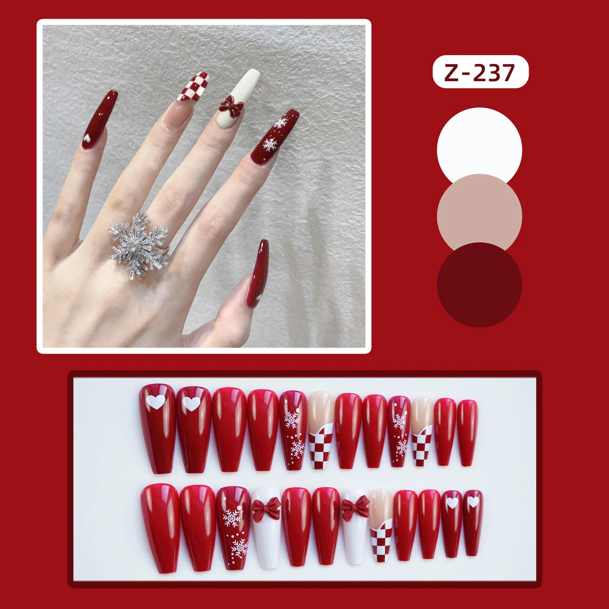 Press-On Nail Set Holiday Red Snowflake & Bow Designs