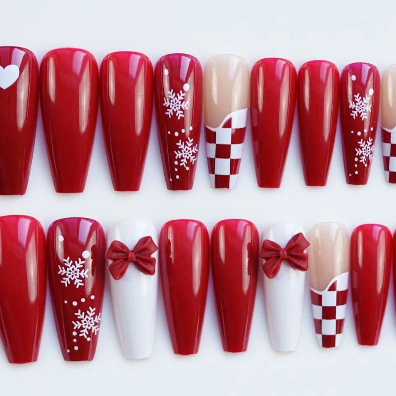 Press-On Nail Set Holiday Red Snowflake & Bow Designs