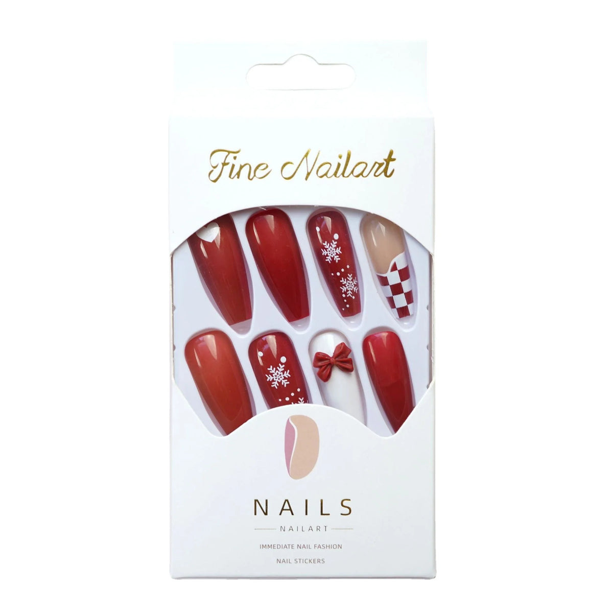 Press-On Nail Set Holiday Red Snowflake & Bow Designs