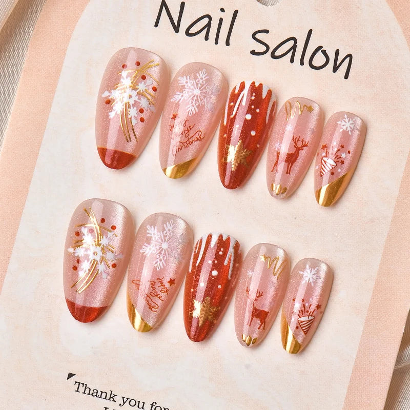 Press-On Nail Set Holiday Snowflake Gold Accents Easy Application