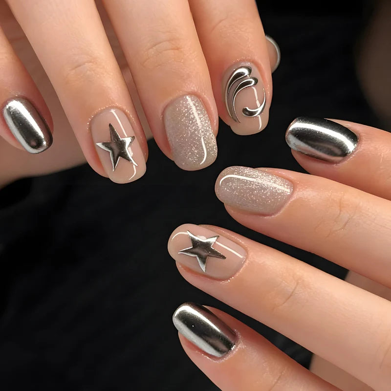 Press-On Nail Set Holographic Star Easy Application