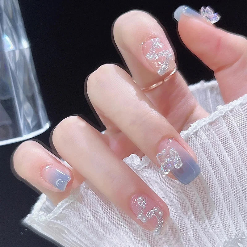 Press-On Nail Set Ice Blue Acrylic 24 Piece
