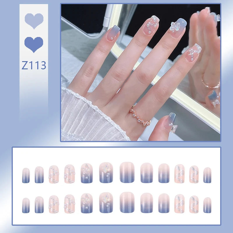 Press-On Nail Set Ice Blue Acrylic 24 Piece
